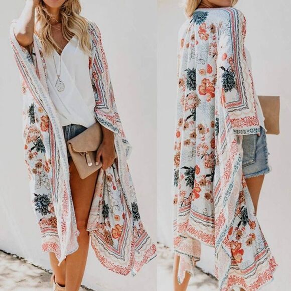 Boho Floral Kimono Duster Cardigan Top - Picture 2 of 7